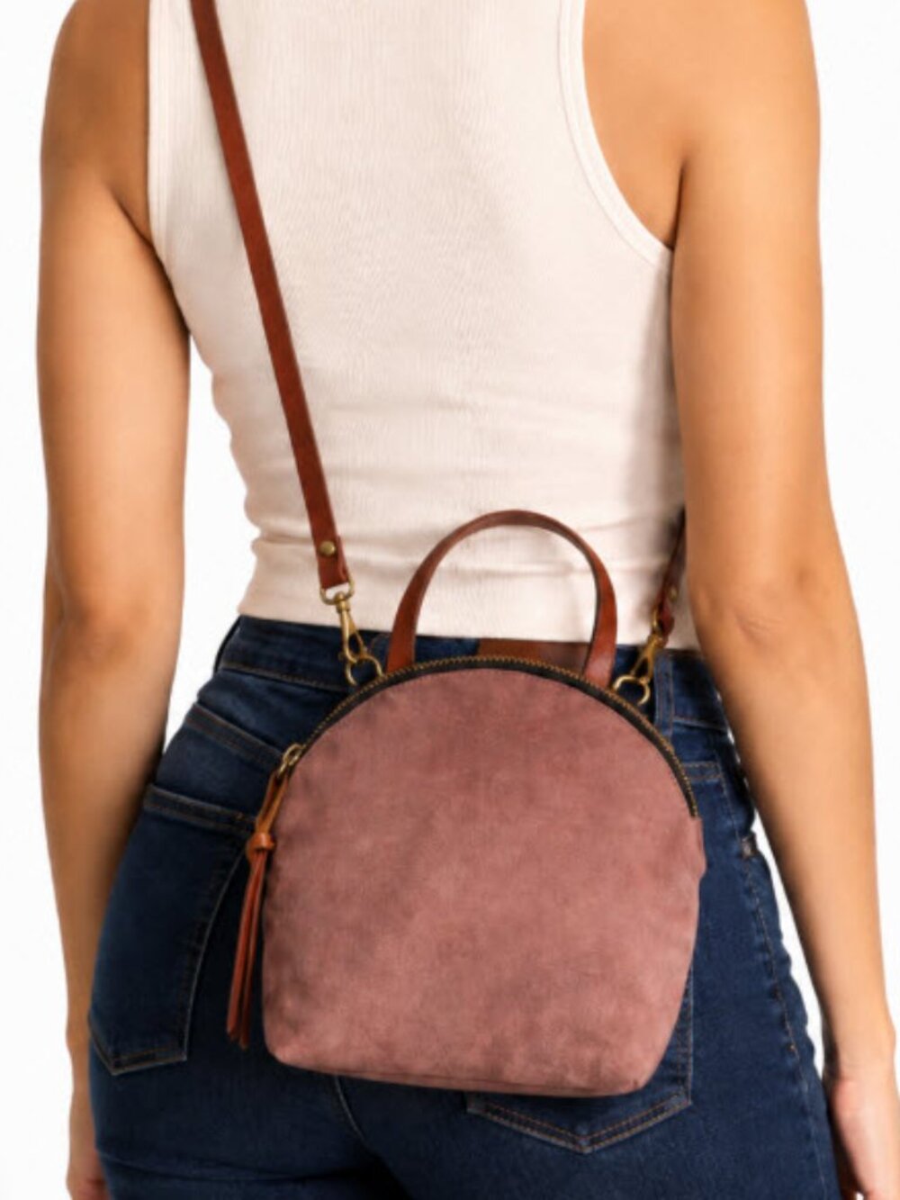 Eleven Thirty Dusty Rose Suede Round Crossbody Bag Top Handle